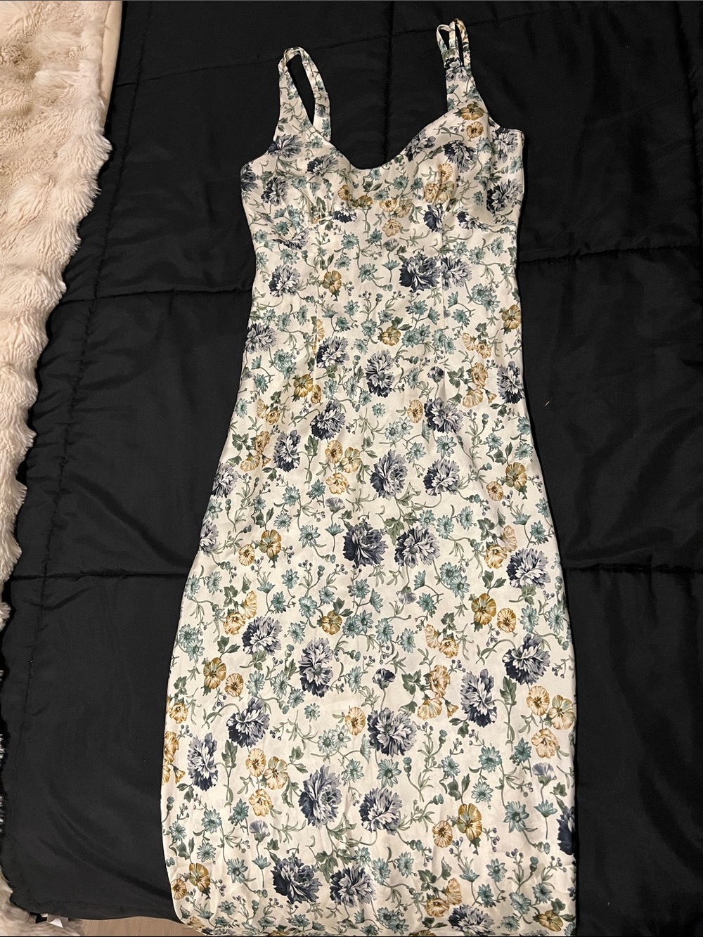 Zara White Floral Maxi Dress with Blue-Green Blooms